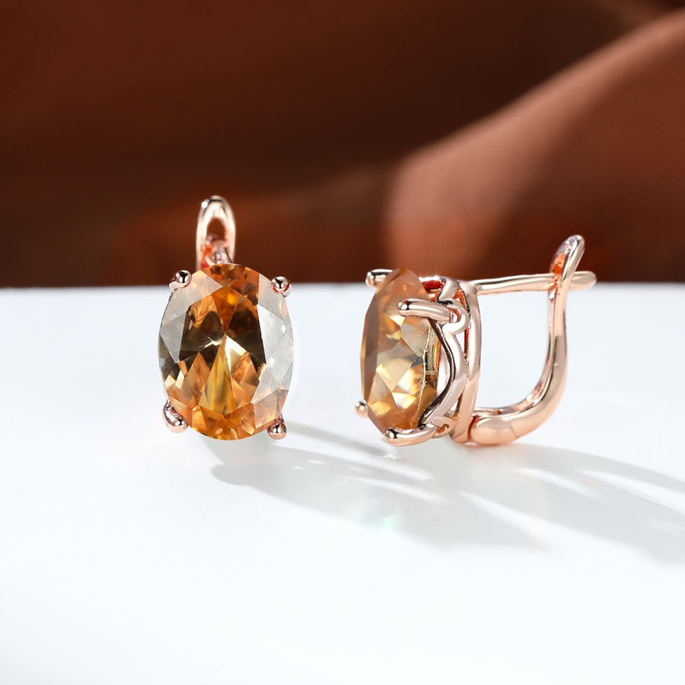 Rose Gold-Tone Champagne Oval CZ Solitaire Huggie Earrings