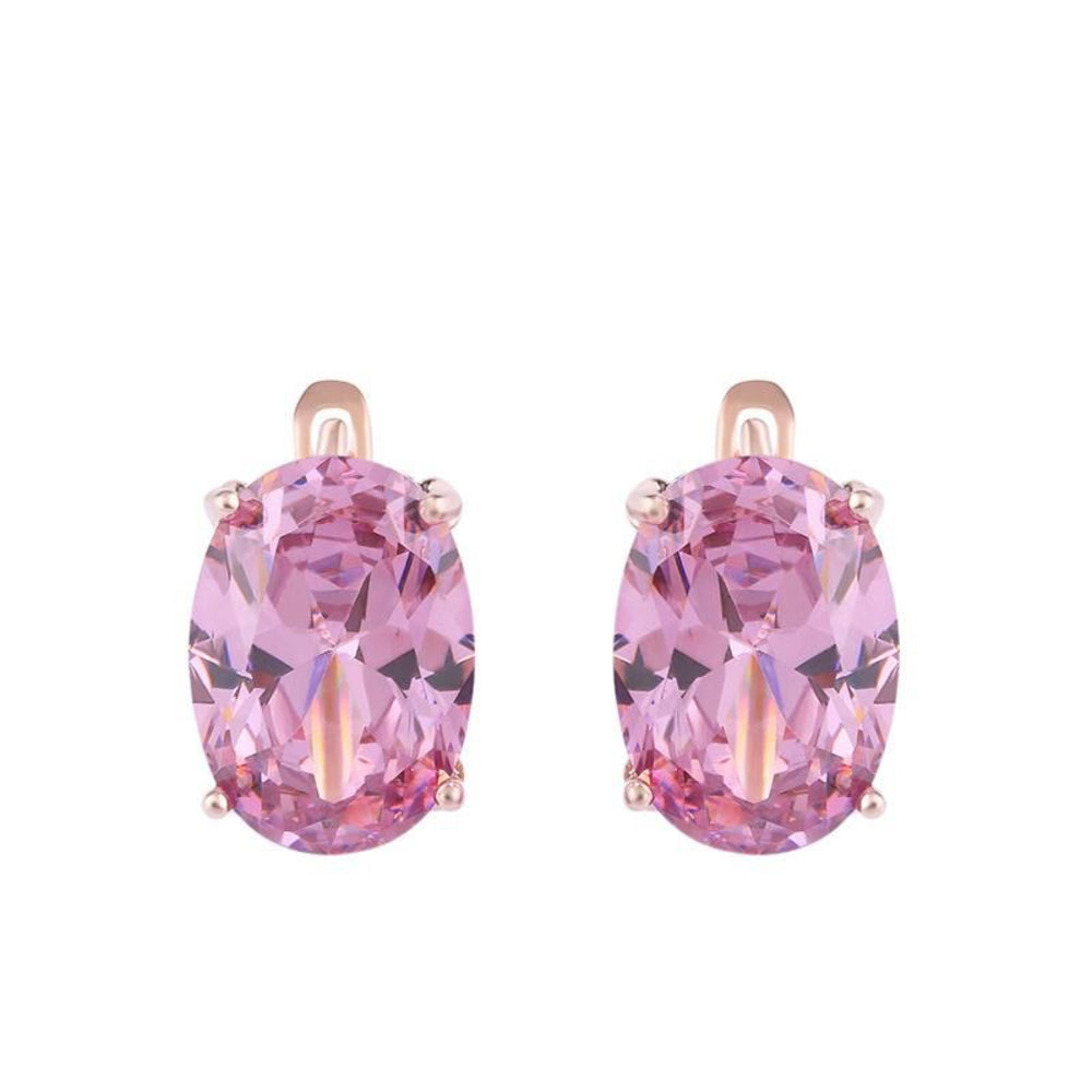 Rose Gold-Tone Pink Oval CZ Solitaire Huggie Earrings