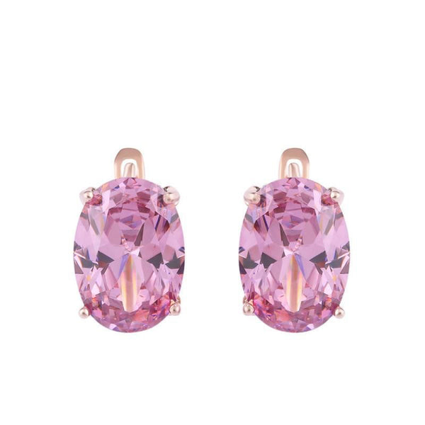 Rose Gold-Tone Pink Oval CZ Solitaire Huggie Earrings