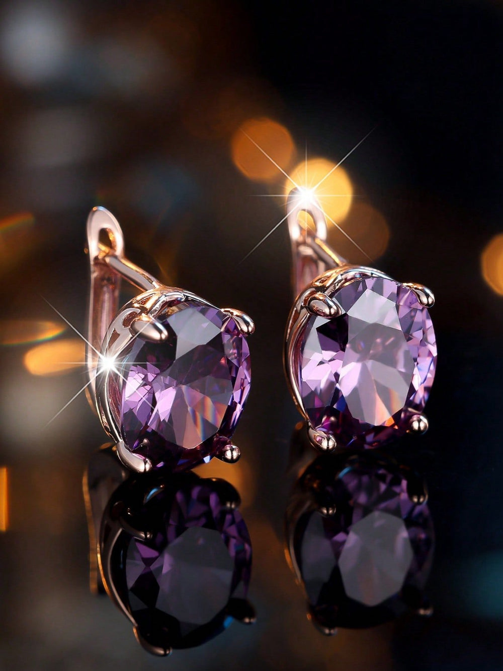 Rose Gold-Tone Purple Oval CZ Solitaire Huggie Earrings