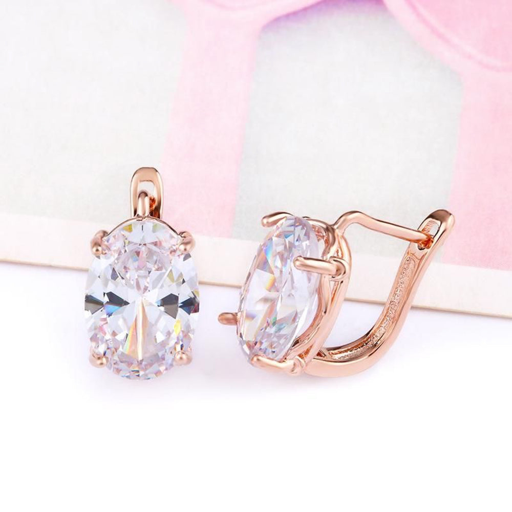 Rose Gold-Tone Clear Oval CZ Solitaire Huggie Earrings