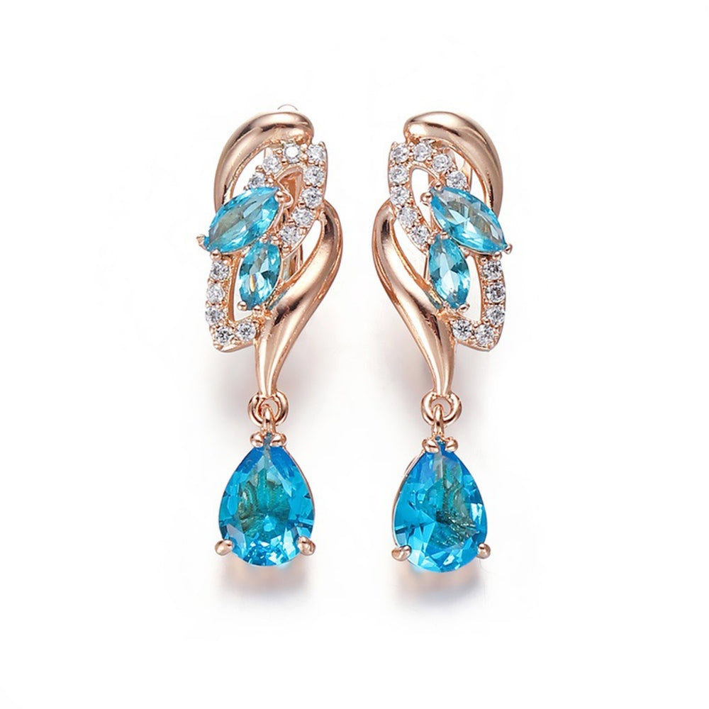Champagne Gold-Tone Aqua Blue Crystal Flower Teardrop Drop Earrings