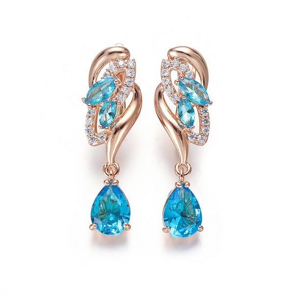 Champagne Gold-Tone Aqua Blue Crystal Flower Teardrop Drop Earrings