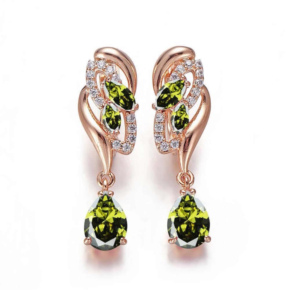 Champagne Gold-Tone Olive Green CZ Teardrop Flower Drop Earrings