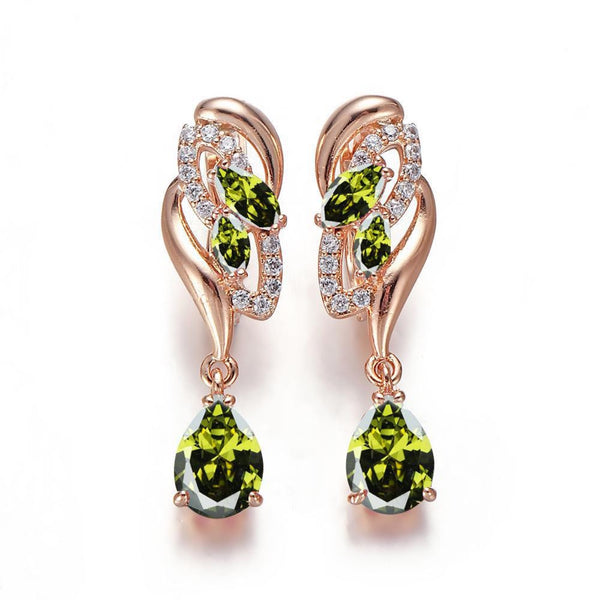 Champagne Gold-Tone Olive Green CZ Teardrop Flower Drop Earrings