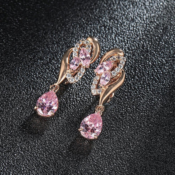 Champagne Gold-Tone Pink CZ Teardrop Flower Drop Earrings