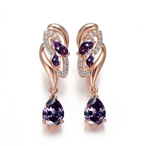 Champagne Gold-Tone Purple Cubic Zirconia Teardrop Wing Drop Earrings