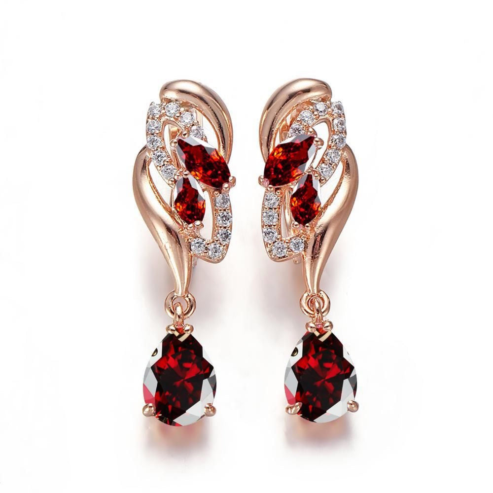 Champagne Gold-Tone Red Cubic Zirconia Teardrop Wing Drop Earrings
