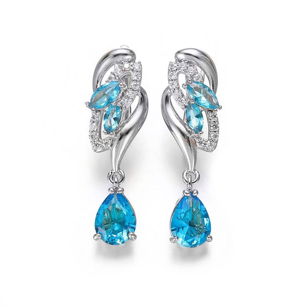 Silver-Tone Aqua Blue Crystal Flower Teardrop Drop Earrings