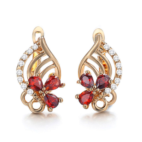 Champagne Gold-Tone Openwork Red Crystal Flower Huggie Earrings