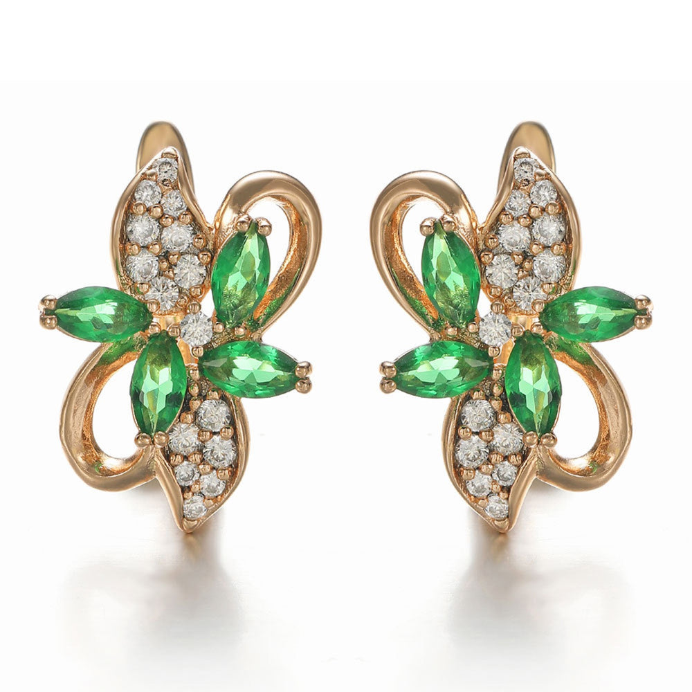 Champagne Gold-Tone Green Marquise Crystal Flower Huggie Earrings