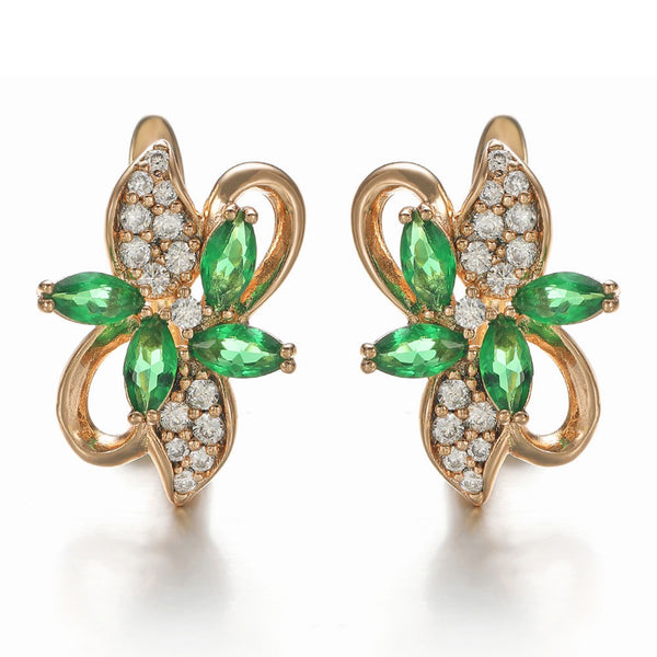 Champagne Gold-Tone Green Marquise Crystal Flower Huggie Earrings