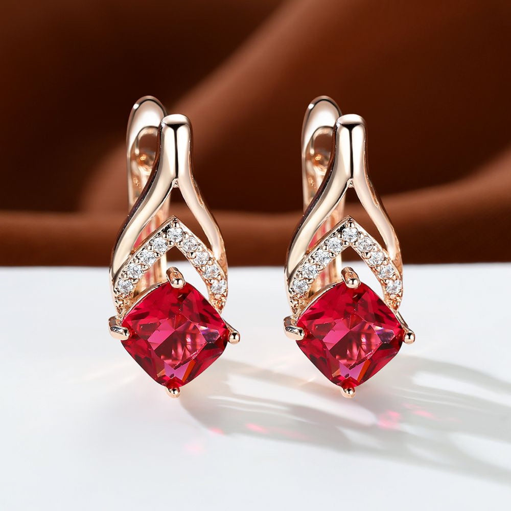 Champagne Gold-Tone Red Crystal Cushion Chevron Drop Earrings