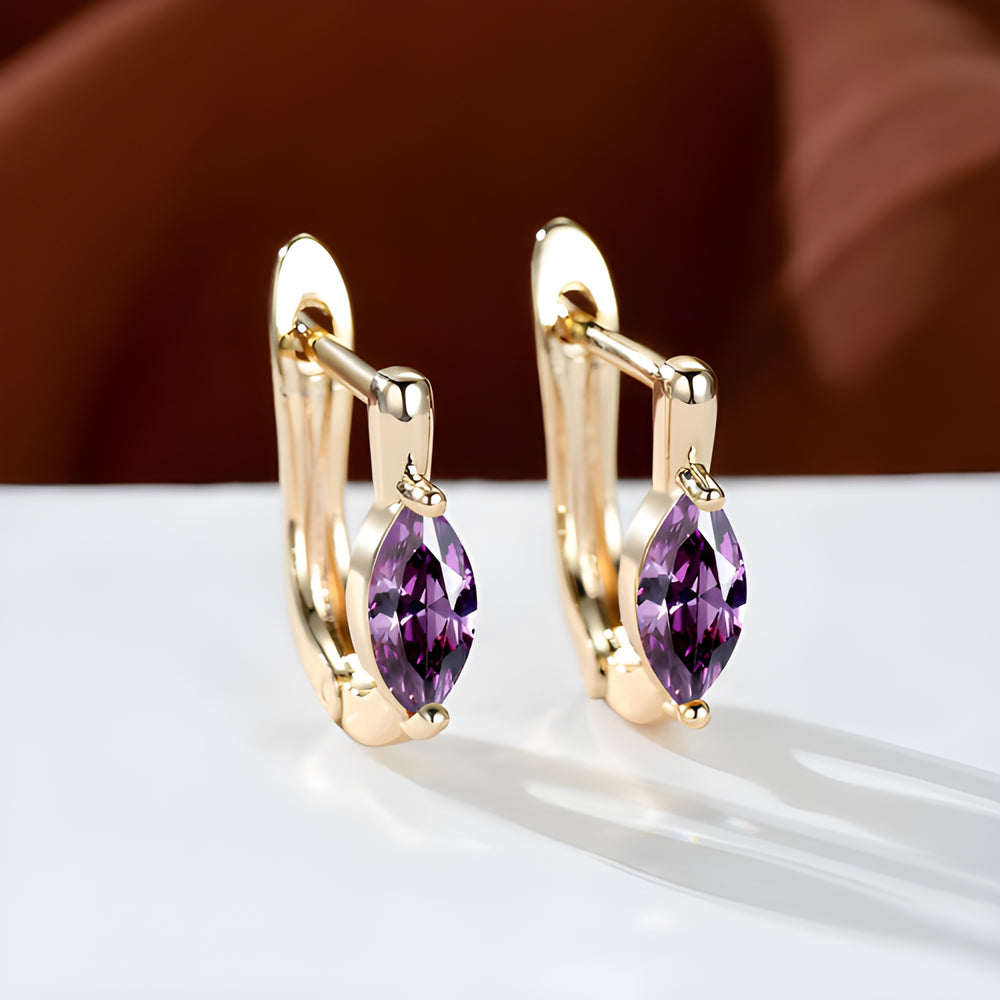 Champagne Gold-Tone Marquise Purple Cubic Zirconia Huggie Earrings
