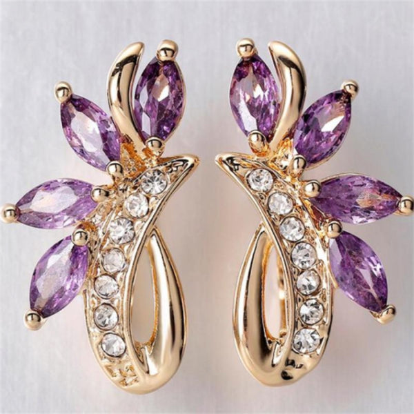 Champagne Gold-Tone Purple Cubic Zirconia Petal Fan Huggie Earrings