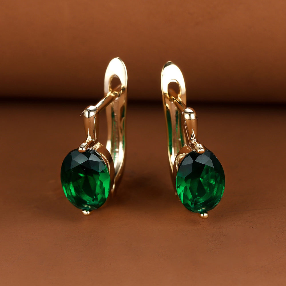 Champagne Gold-Tone Oval Green CZ Solitaire Huggie Earrings