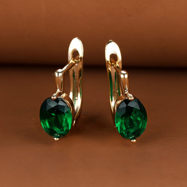 Champagne Gold-Tone Oval Green CZ Solitaire Huggie Earrings