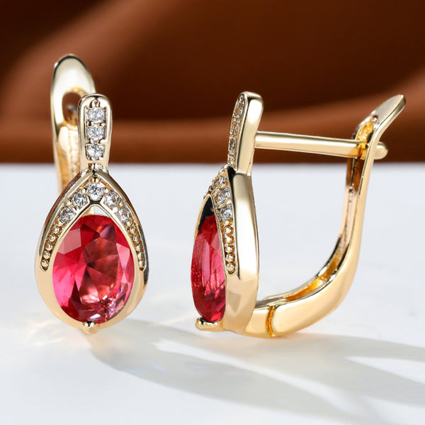 Champagne Gold-Tone Rose Red Teardrop Crystal Huggie Earrings