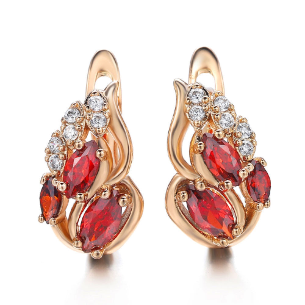 Champagne Gold-Tone Red Marquise CZ Flower Spray Huggie Earrings