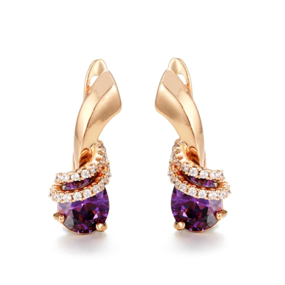 Rose Gold-Tone Purple Teardrop Crystal Twist Huggie Earrings