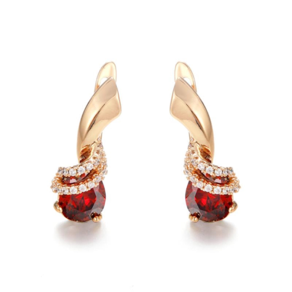 Rose Gold-Tone Red Teardrop Crystal Twist Huggie Earrings