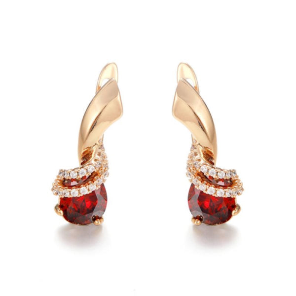 Rose Gold-Tone Red Teardrop Crystal Twist Huggie Earrings
