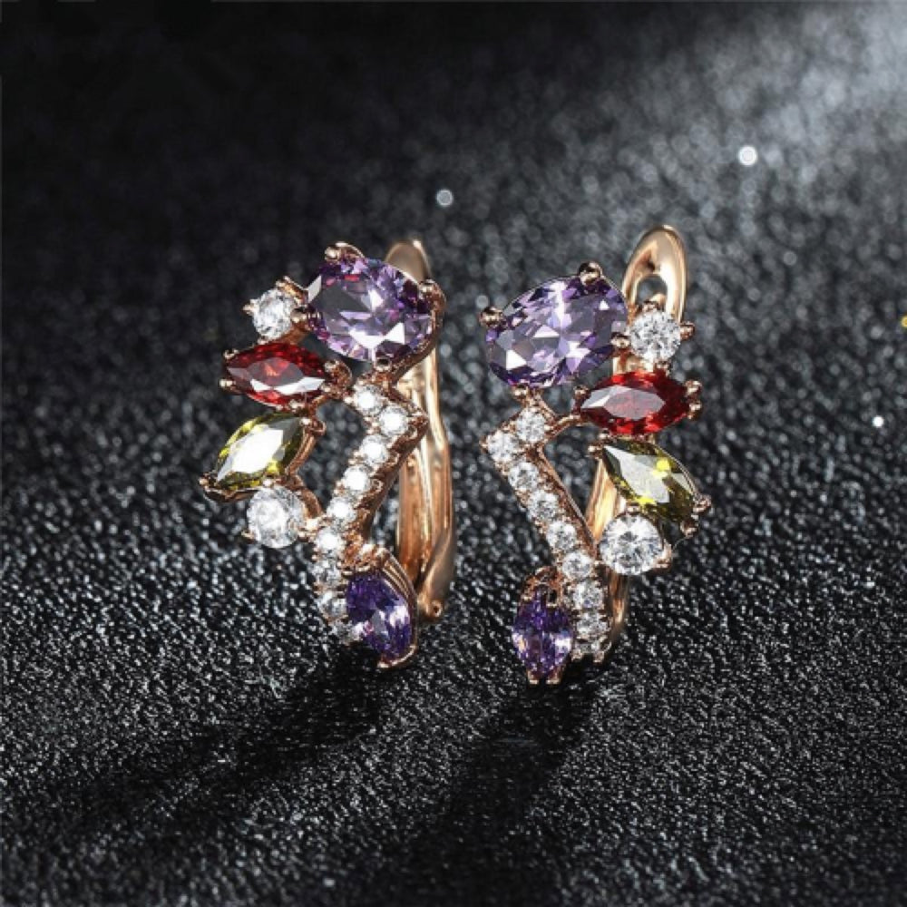 Rose Gold-Tone Multicolor CZ Cluster Huggie Earrings with White Pave