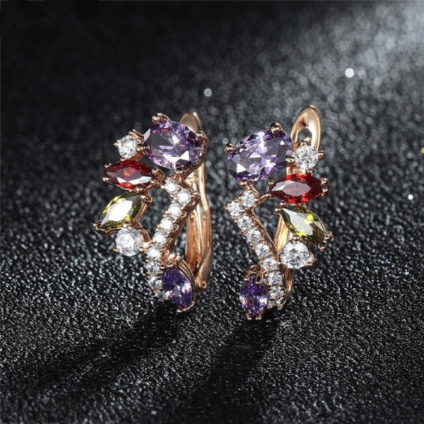 Rose Gold-Tone Multicolor CZ Cluster Huggie Earrings with White Pave