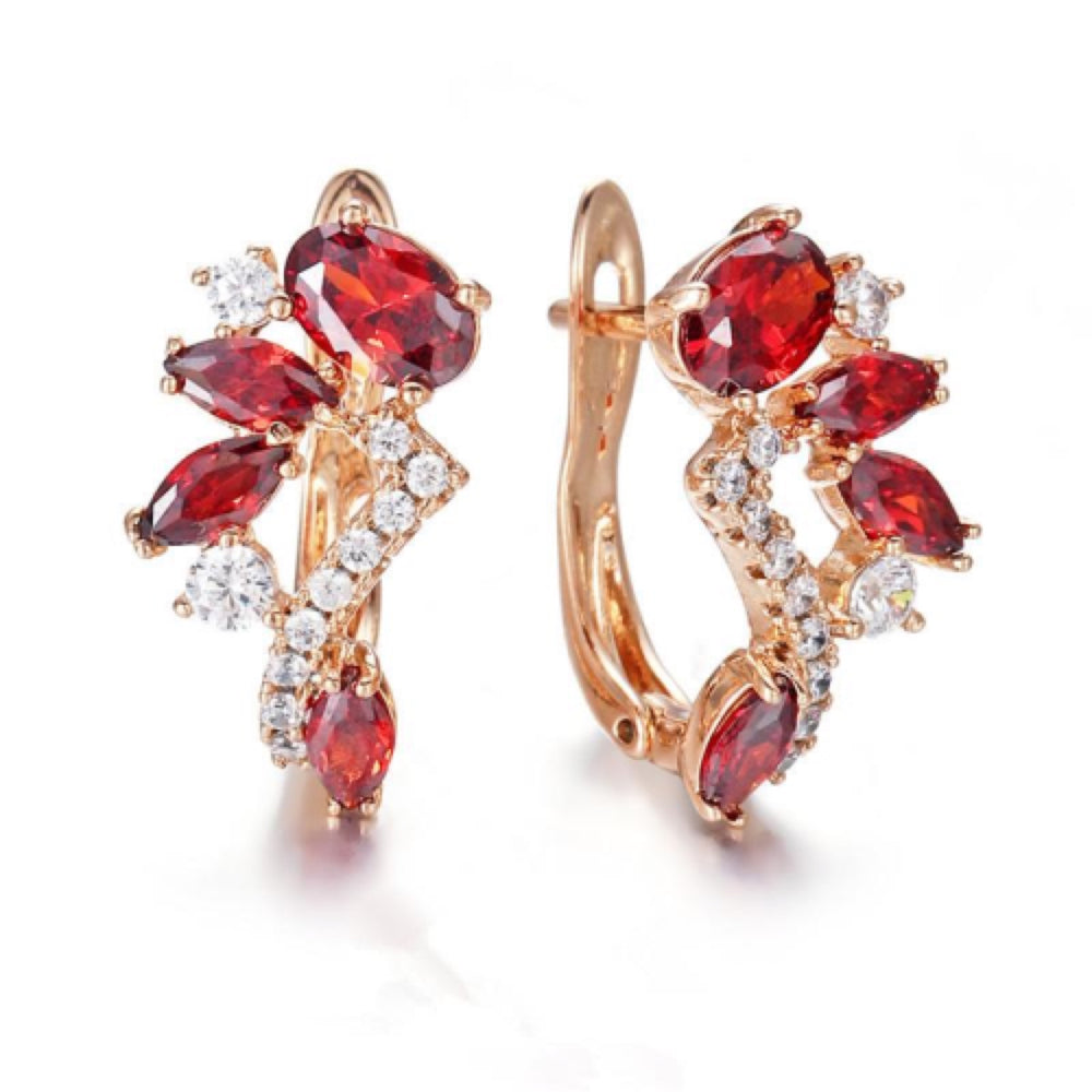 Rose Gold-Tone Red CZ Cluster Huggie Earrings with White Accents