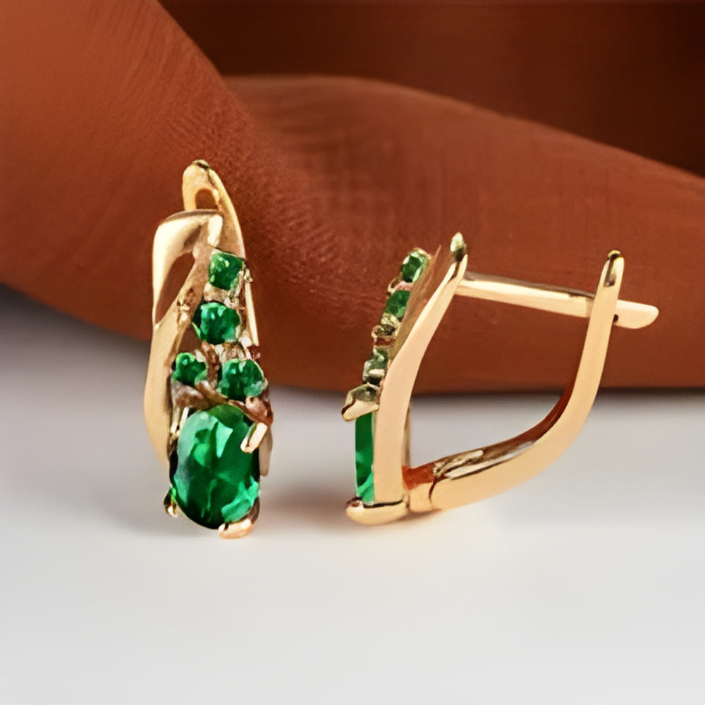 Champagne Gold-Tone Green Oval Crystal Cascade Huggie Earrings