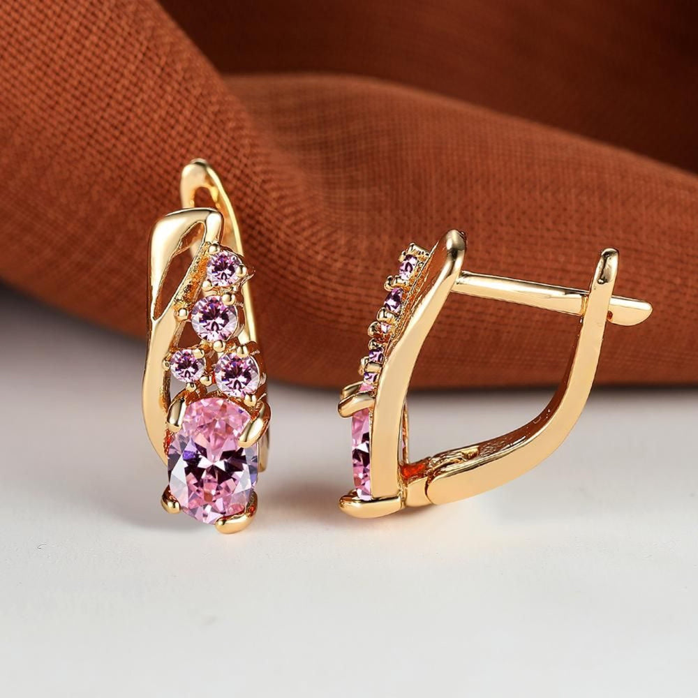 Champagne Gold-Tone Pink Oval Crystal Cascade Huggie Earrings