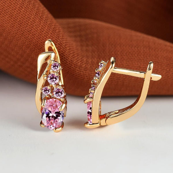 Champagne Gold-Tone Pink Oval Crystal Cascade Huggie Earrings