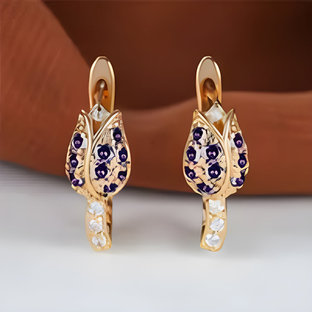 Champagne Gold-Tone Purple Crystal Pave Rosebud Huggie Earrings