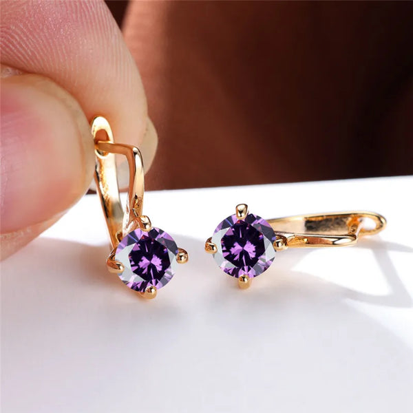 Champagne Gold-Tone Round Purple Crystal Solitaire Huggie Earrings