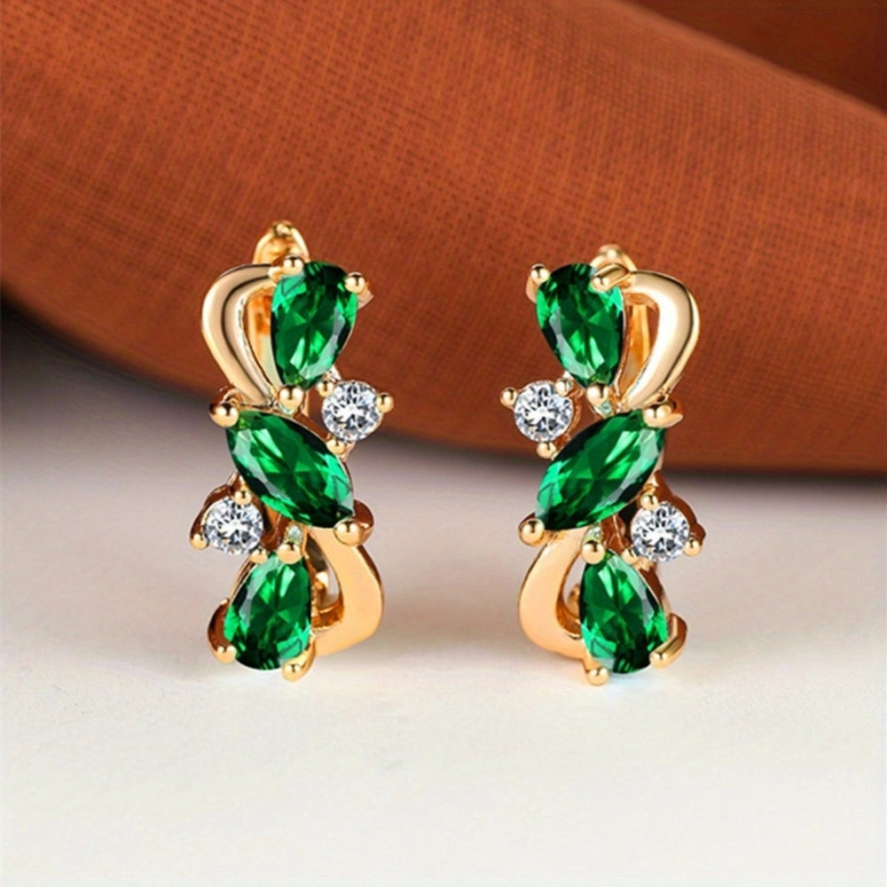 Champagne Gold-Tone Green Teardrop Crystal Cluster Huggie Earrings