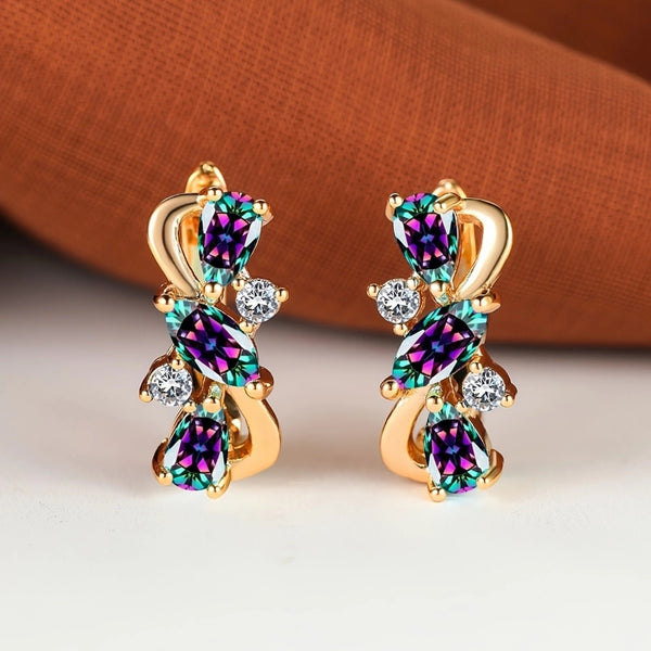 Champagne Gold-Tone Mystic Rainbow Crystal Teardrop Huggie Earrings