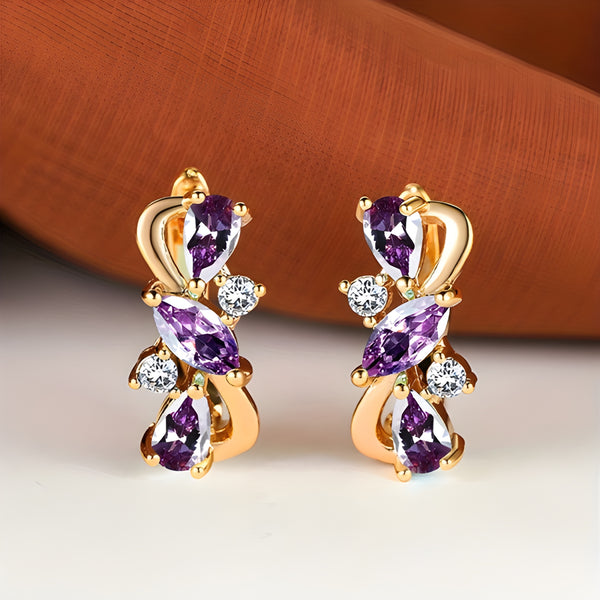 Champagne Gold-Tone Purple Teardrop Trio Crystal Huggie Earrings