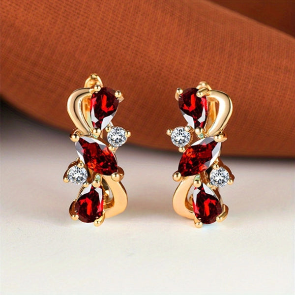 Champagne Gold-Tone Red Teardrop Crystal Cluster Huggie Earrings