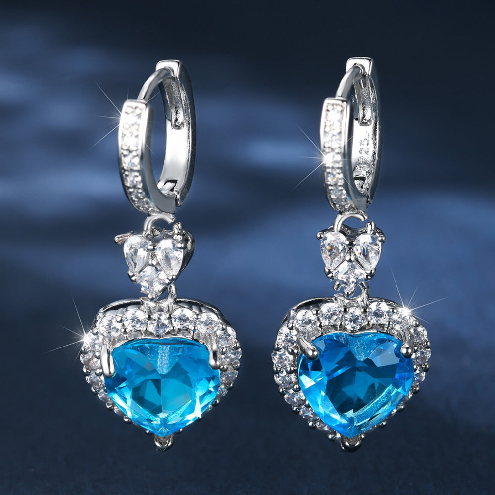 Silver-Tone Topaz-Blue CZ Ocean Heart Halo Huggie Drop Earrings