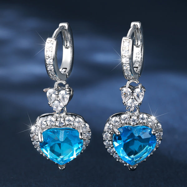 Silver-Tone Topaz-Blue CZ Ocean Heart Halo Huggie Drop Earrings