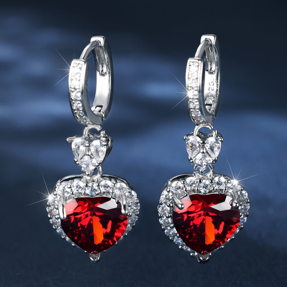 Silver-Tone Red Glass Heart Halo Drop Earrings with Crystal Hoop