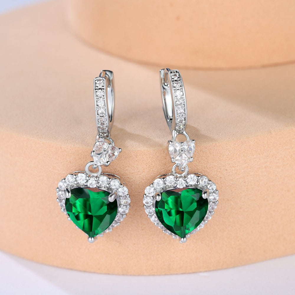 Silver-Tone Emerald-Green Glass Heart Crystal Halo Drop Earrings
