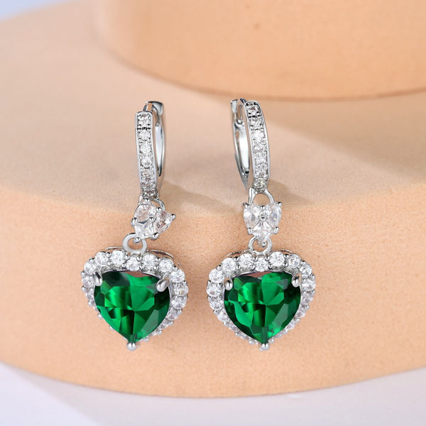 Silver-Tone Emerald-Green Glass Heart Crystal Halo Drop Earrings