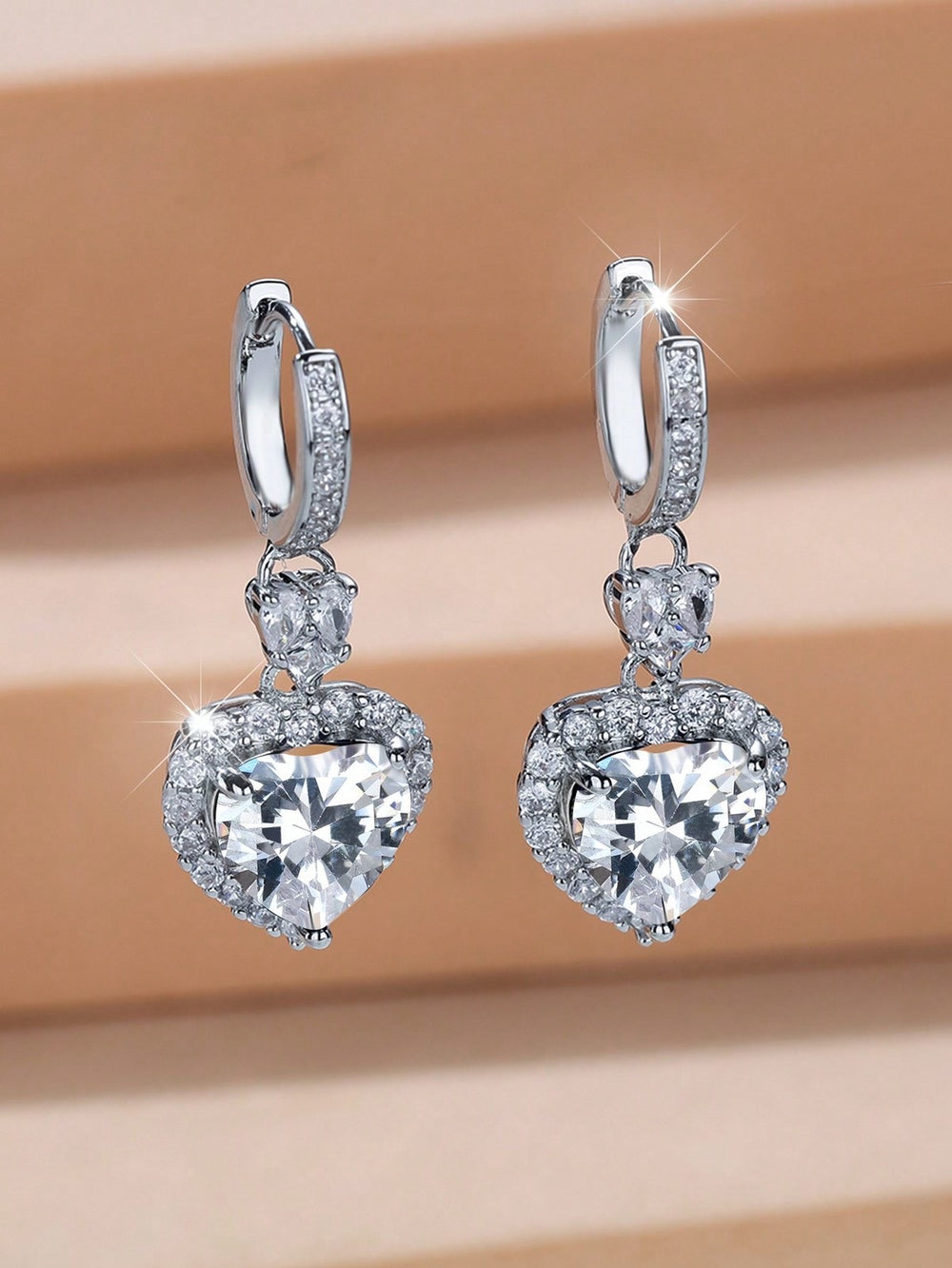 Silver-Tone White Crystal Ocean Heart Huggie Earrings