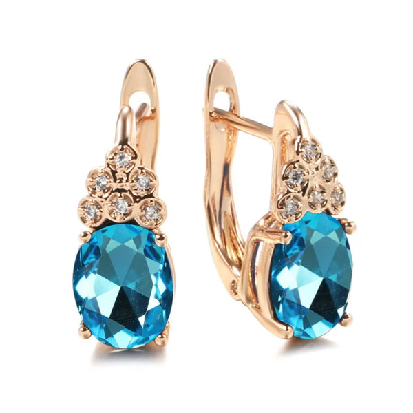 Champagne Gold-Tone Aqua-Blue Oval CZ Flower Accent Huggie Earrings