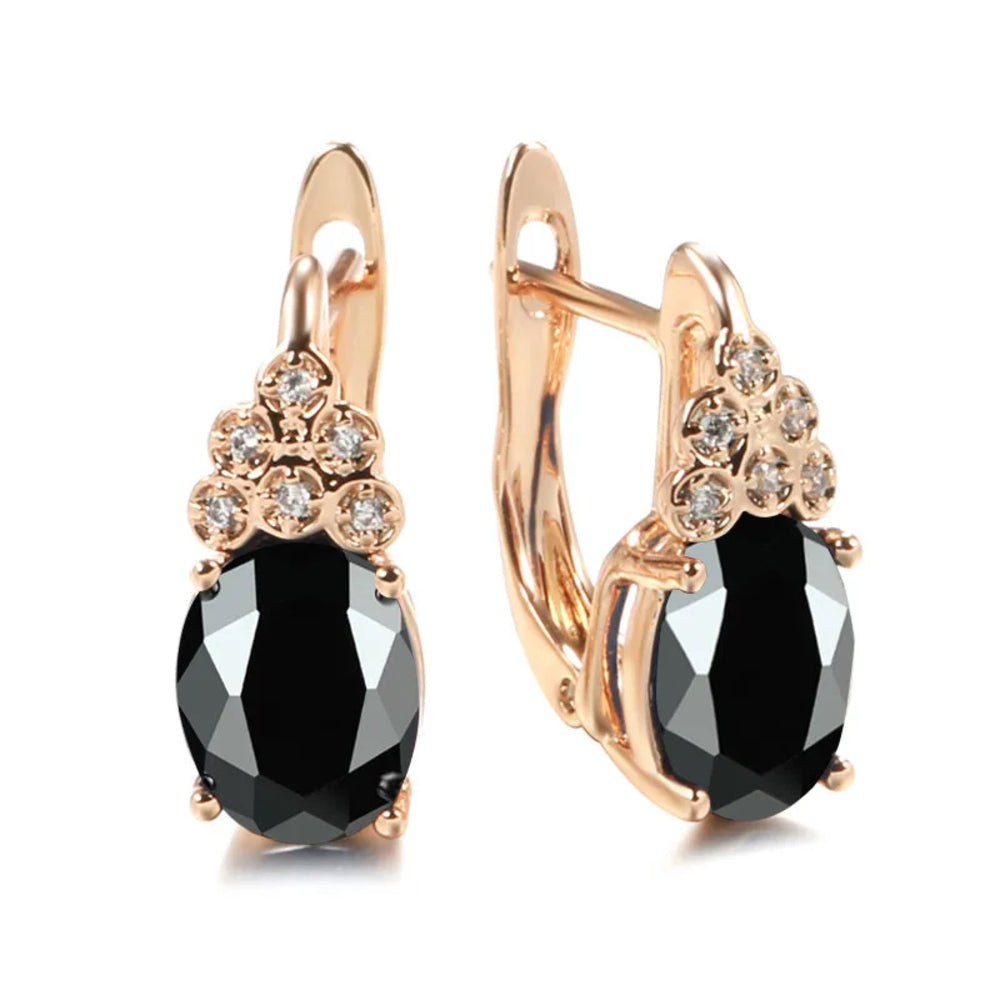 Champagne Gold-Tone Black Oval CZ Flower Accent Huggie Earrings