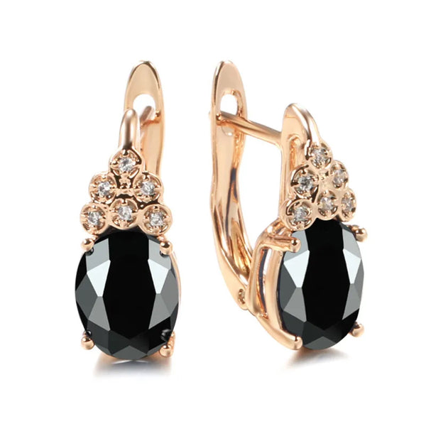 Champagne Gold-Tone Black Oval CZ Flower Accent Huggie Earrings