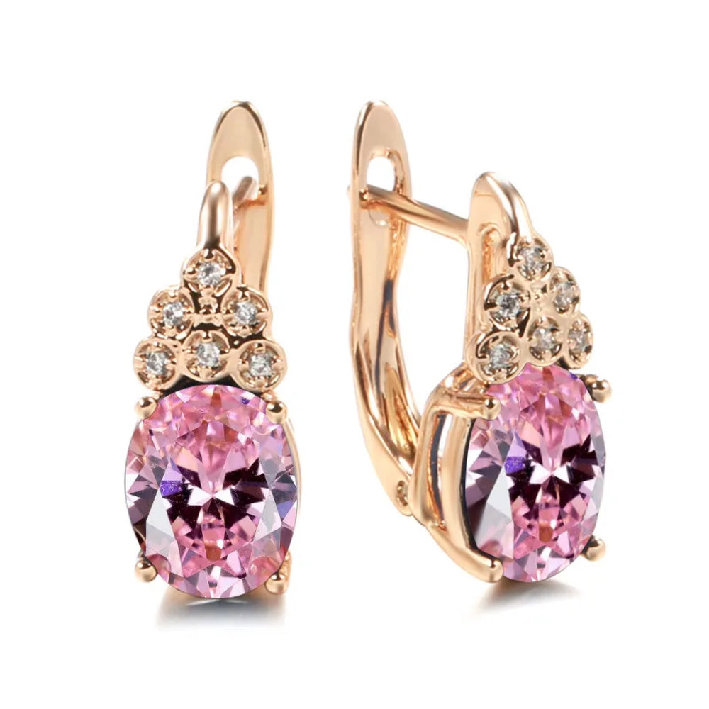 Champagne Gold-Tone Pink Oval CZ Flower Accent Huggie Earrings