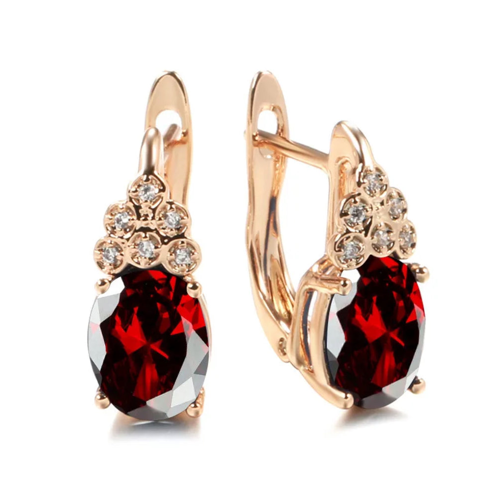 Champagne Gold-Tone Red Oval CZ Huggie Earrings With Crystal Trio