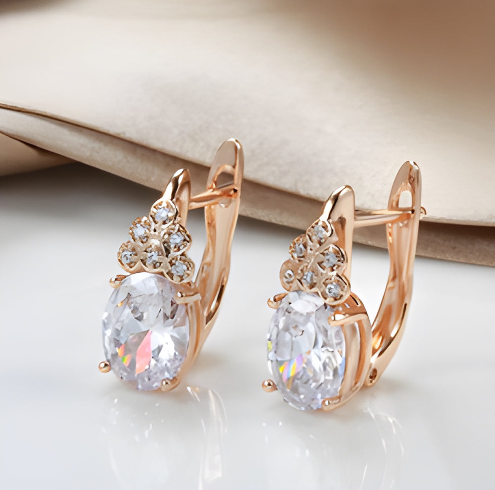 Champagne Gold-Tone White Oval CZ Flower Accent Huggie Earrings